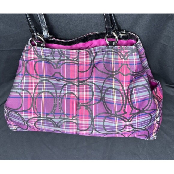 Coach Poppy Tartan Plaid Glamour Glitter Tote Bag Purse F15480 Pinks Purples - Picture 2 of 10